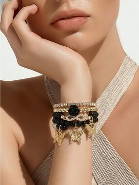 NWT- 4pc Beaded Bracelet Boho Style Butterfly Charm Adjustable Black Silver Gold